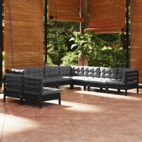 Muebles de jardín 9 pzas y cojines negro madera maciza de pino