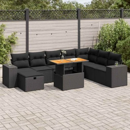 Set sofás jardín y cojines 9 pzas ratán sintético acacia negro by , Garden sets - Ref: Foro24-3328098, Price: 618,95 €, Disco...