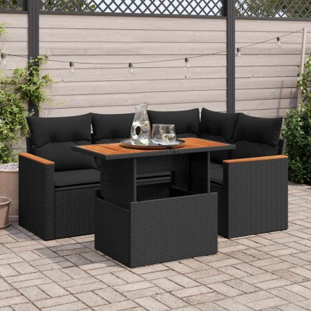 Set sofás jardín y cojines 5 pzas ratán sintético acacia negro by , Garden sets - Ref: Foro24-3327478, Price: 411,34 €, Disco...