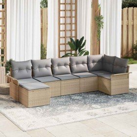 Conjunto de sofá de jardín con cojín 7 pcs Beige Poliratán Conjunto de sofá de jardín con cojín 7 pcs Beige Poliratán