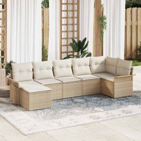 Conjunto de sofá de jardín con cojín 7 pcs Beige Poliratán