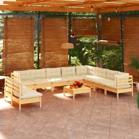 Muebles de jardín 11 pzas y cojines madera maciza de pino crema