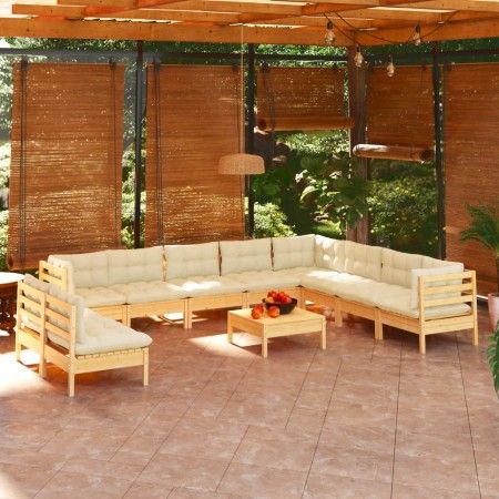 Gartenmöbel 11-teilig und Kissen aus massivem cremefarbenem Kiefernholz von vidaXL, Gartensets - Ref: Foro24-3096845, Preis: ...