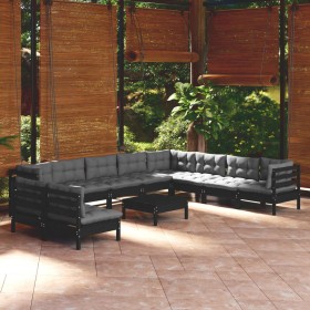 Muebles de jardín 11 pzas con cojines negro madera maciza pino