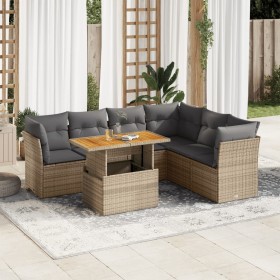 Set sofás de jardín 7 piezas y cojines ratán sintético beige