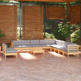 Juego de muebles de jardín 12 pzas y cojines madera maciza pino