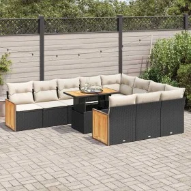 Set sofás jardín y cojines 11 pzas ratán sintético acacia negro von , Gartensets - Ref: Foro24-3327759, Preis: 745,21 €, Raba...