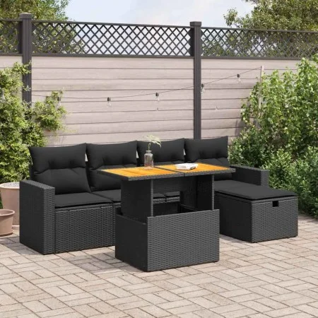 Set sofás jardín y cojines 6 pzas ratán sintético acacia negro by , Garden sets - Ref: Foro24-3327993, Price: 429,25 €, Disco...