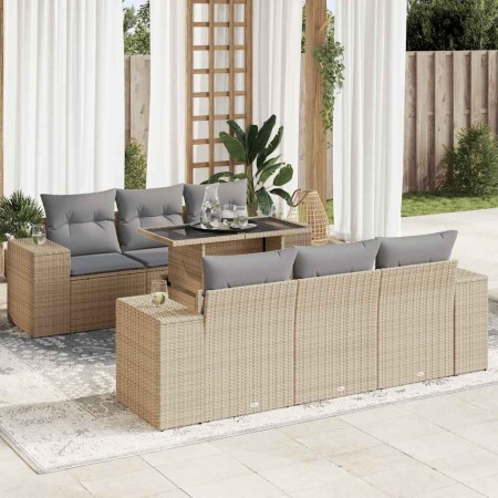 Set sofás de jardín 7 piezas y cojines ratán sintético beige