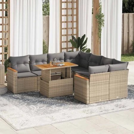 Set sofás jardín y cojines 9 pzas ratán sintético acacia beige by , Garden sets - Ref: Foro24-3327468, Price: 632,25 €, Disco...