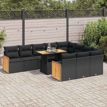 Set sofás jardín y cojines 11 pzas ratán sintético acacia negro by , Garden sets - Ref: Foro24-3327758, Price: 774,52 €, Disc...