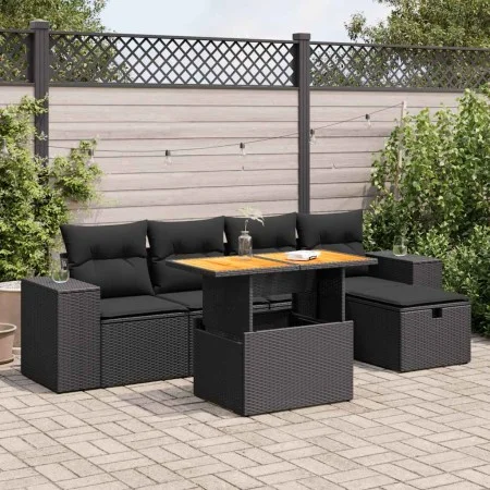 Set sofás jardín y cojines 6 pzas ratán sintético acacia negro by , Garden sets - Ref: Foro24-3328077, Price: 435,56 €, Disco...