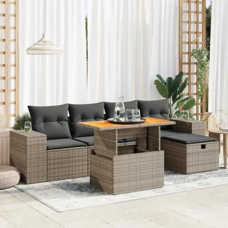 Set sofás jardín y cojines 6 pzas ratán sintético acacia gris de , Conjuntos de jardín - Ref: Foro24-3328082, Precio: 415,11 ...