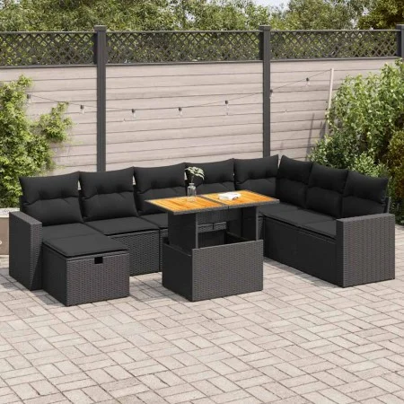 Set sofás jardín y cojines 9 pzas ratán sintético acacia negro by , Garden sets - Ref: Foro24-3328014, Price: 617,28 €, Disco...