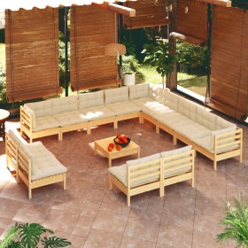 Muebles de jardín 14 piezas cojines madera maciza de pino crema