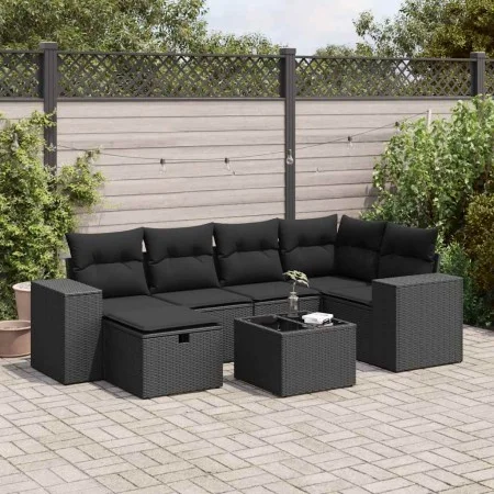 Set de sofás de jardín 7 pzas con cojines ratán sintético negro by , Garden sets - Ref: Foro24-3325691, Price: 474,71 €, Disc...