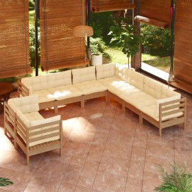 Muebles de jardín 9 pzas y cojines madera de pino marrón miel