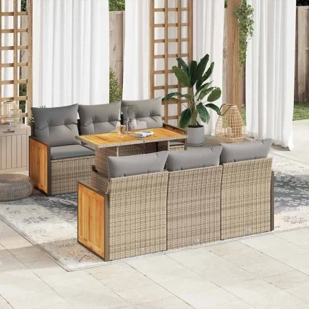 Set sofás jardín y cojines 7 pzas ratán sintético acacia beige de , Conjuntos de jardín - Ref: Foro24-3327671, Precio: 539,48...