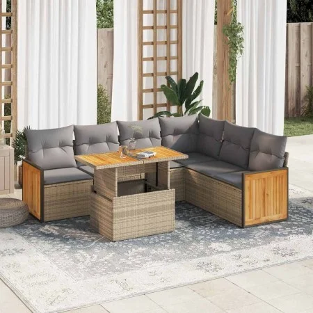Set sofás jardín y cojines 7 pzas ratán sintético acacia beige by , Garden sets - Ref: Foro24-3327720, Price: 504,19 €, Disco...