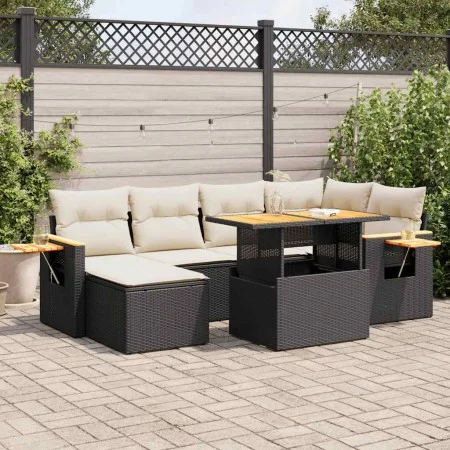 Set sofás jardín y cojines 7 pzas ratán sintético acacia negro by , Garden sets - Ref: Foro24-3327619, Price: 464,06 €, Disco...