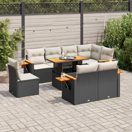 Set sofás jardín y cojines 9 pzas ratán sintético acacia negro by , Garden sets - Ref: Foro24-3327612, Price: 624,48 €, Disco...
