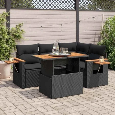 Set sofás jardín y cojines 5 pzas ratán sintético acacia negro von , Gartensets - Ref: Foro24-3327590, Preis: 412,27 €, Rabat...