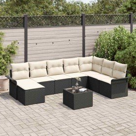 Conjunto de sofá de jardín con cojín 9 pcs Negro Poliratán