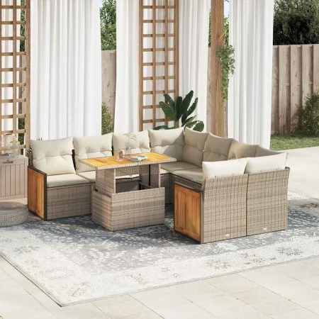 Set sofás jardín y cojines 9 pzas ratán sintético acacia beige by , Garden sets - Ref: Foro24-3327691, Price: 677,78 €, Disco...