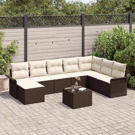 Conjunto de sofá de jardín con cojín 9 pcs Marrón Poliratán