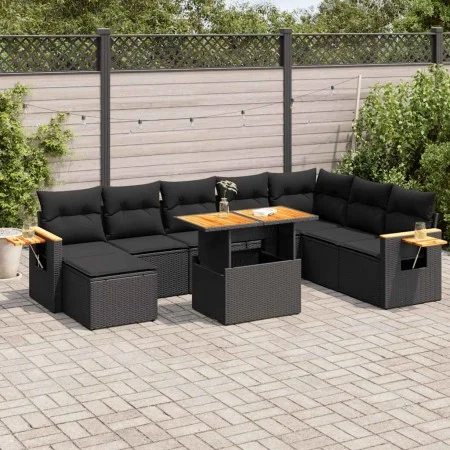 Set sofás jardín y cojines 7 pzas ratán sintético acacia negro by , Garden sets - Ref: Foro24-3327632, Price: 609,63 €, Disco...