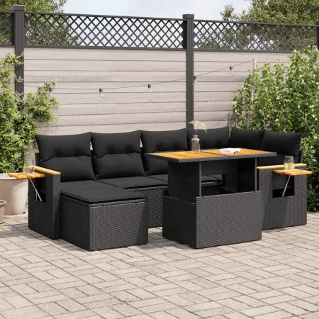 Set sofás jardín y cojines 7 pzas ratán sintético acacia negro von , Gartensets - Ref: Foro24-3327618, Preis: 516,19 €, Rabat...