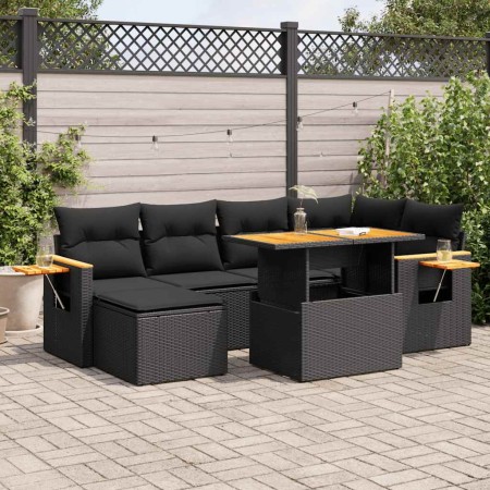 Set sofás jardín y cojines 7 pzas ratán sintético acacia negro by , Garden sets - Ref: Foro24-3327618, Price: 536,01 €, Disco...