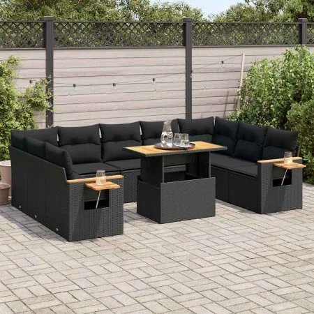 Set sofás jardín y cojines 10 pzas ratán sintético acacia negro by , Garden sets - Ref: Foro24-3327639, Price: 710,48 €, Disc...