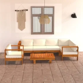 Gartenmöbel 7 Stück Kissen weiß cremefarbenes Akazienholz von vidaXL, Gartensets - Ref: Foro24-3057934, Preis: 867,28 €, Raba...