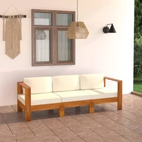 3-seater garden sofa with cream cushion in solid acacia wood by vidaXL, Garden sets - Ref: Foro24-3057927, Price: 372,85 €, D...