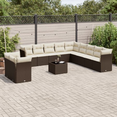 Set de sofás de jardín y cojines 12 pzas ratán sintético marrón