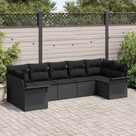 Conjunto de sofá de jardín con cojín 7 pcs Negro Poliratán
