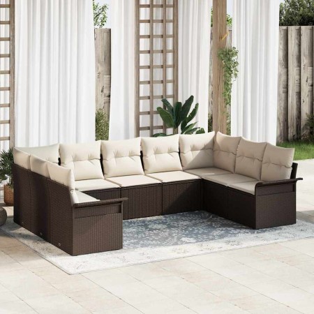 Conjunto de sofá de jardín con cojín 9 pcs Marrón Poliratán