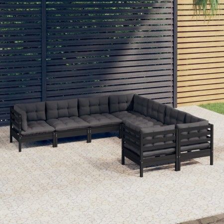 Garden furniture 8 pieces and cushions black solid pine wood by vidaXL, Garden sets - Ref: Foro24-3096975, Price: 754,46 €, D...