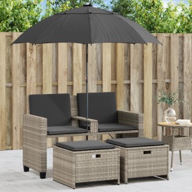 Sofá jardín 2 plazas sombrilla y taburetes ratán PE gris claro von , Outdoor-Sofas - Ref: Foro24-365888, Preis: 231,85 €, Rab...