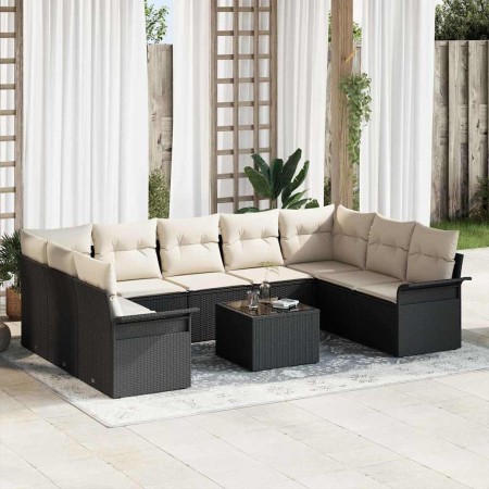 Conjunto de sofá de jardín con cojín 10 pcs Negro Poliratán
