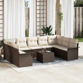 Conjunto de sofá de jardín con cojín 10 pcs Marrón Poliratán
