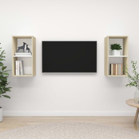 Muebles de pared de TV 2 uds aglomerado blanco y roble Sonoma