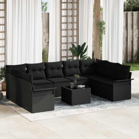 Conjunto de sofá de jardín con cojín 10 pcs Negro Poliratán