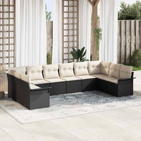 Conjunto de sofá de jardín con cojín 10 pcs Negro Poliratán