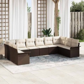 Conjunto de sofá de jardín con cojín 10 pcs Marrón Poliratán