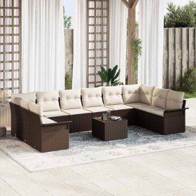 Conjunto de sofá de jardín con cojín 11 pcs Marrón Poliratán