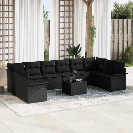 Conjunto de sofá de jardín con cojín 11 pcs Negro Poliratán