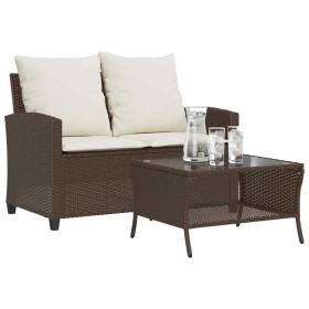 Sofá jardín de 2 plazas con cojín y mesa marrón ratán sintético de , Sofás de exterior - Ref: Foro24-4103846, Precio: 227,88 €
