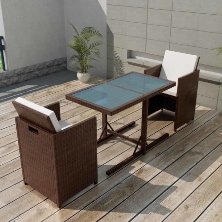 Mesa y sillas bistró jardín 3 pzas y cojines poli ratán marrón von , Gartensets - Ref: Foro24-42540, Preis: 271,52 €, Rabatt: %